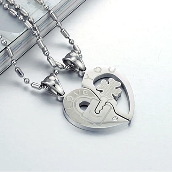 His and Hers Stainless Steel I Love You Heart Lock & Key Couple Pendant Necklace - Picture 3 of 9